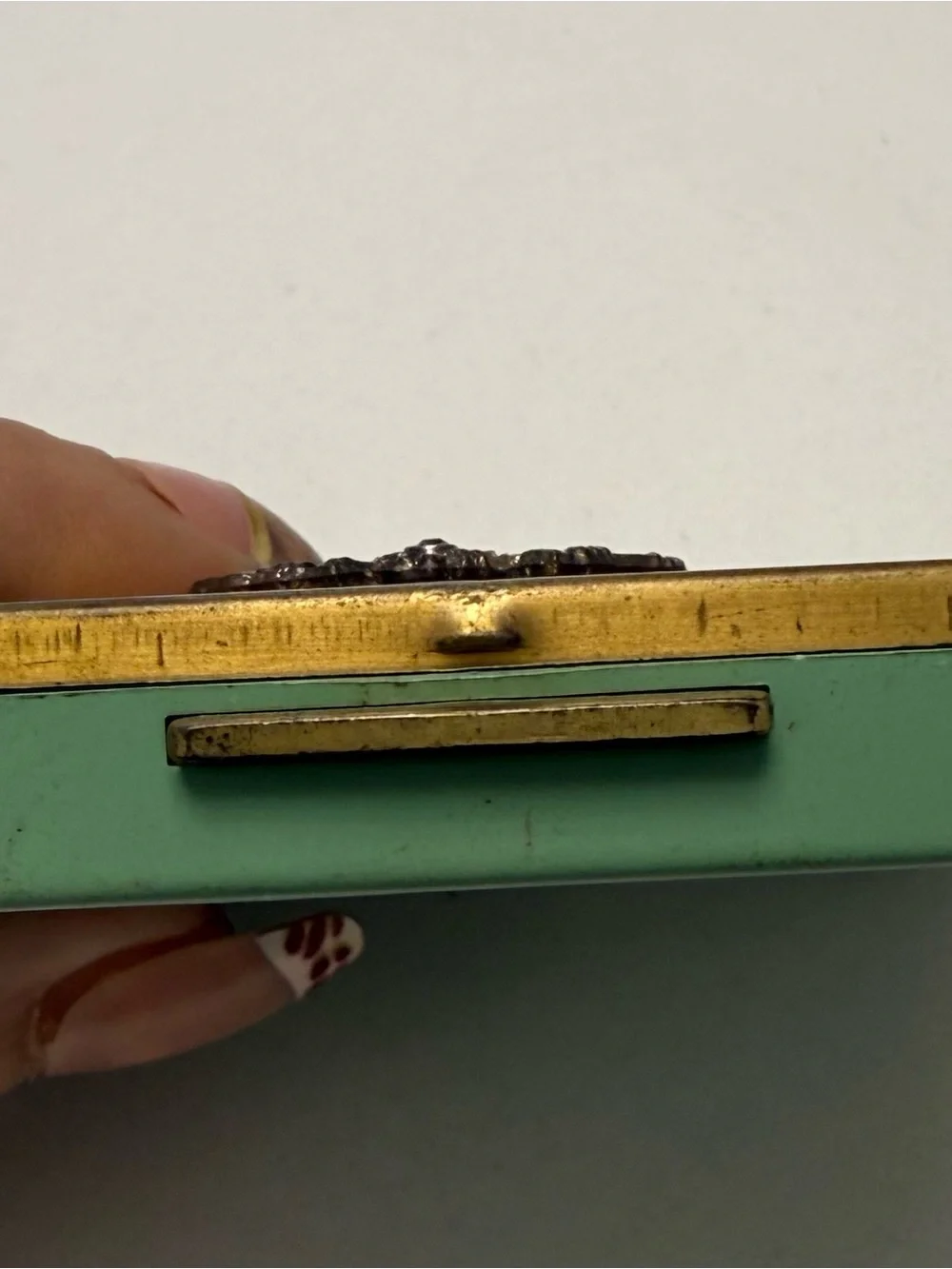 RARE 1940 Vintage Mint Green Enamel WWII Patriotic Makeup Compact Rhinestone